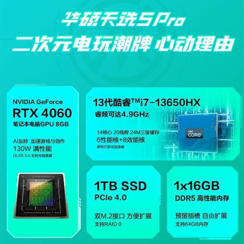 华硕天选5 Pro 14核酷睿i7 16英寸电竞游戏本 笔记本电脑 定制(i7-13650HX 64G 2TB RTX4060 16:10 2.5K 165Hz高色域)青