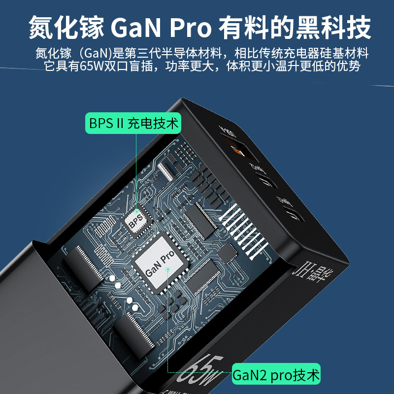 晶华 氮化镓65W快充充电器 适用华为/小米/苹果手机/笔记本65W三口快充充电器小身材大用途 黑色N777