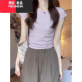 YIBUSHENG正肩香芋紫色短袖T恤女季韩系小飞袖短款甜辣修身冰丝针织冰飞 L 紫色