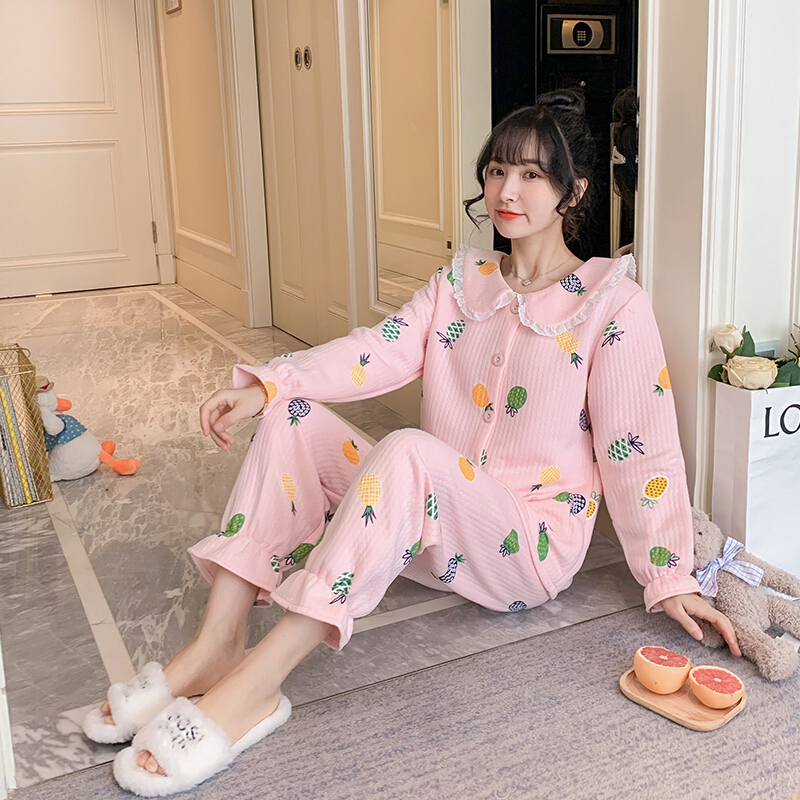波迷娜(BOMINA)大码睡衣女200斤款季2021新款加厚夹层长袖睡衣女学院风可爱宽松服两件套装
