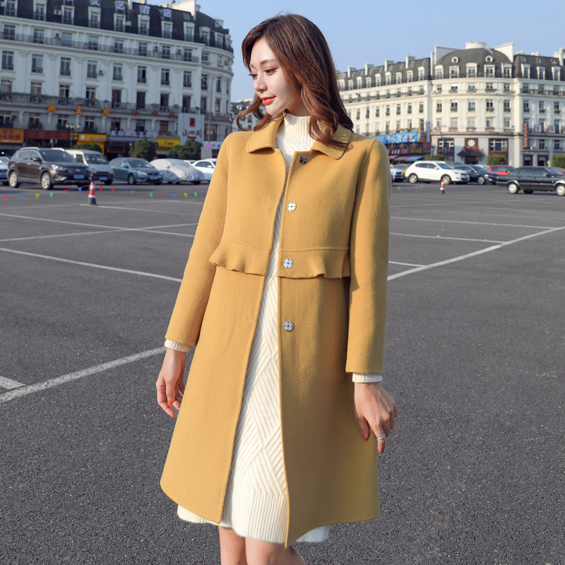 班俏BANQIAO呢子大衣中长款女2023春秋季新款小个子小香行显瘦格子毛呢外套 黄色 M