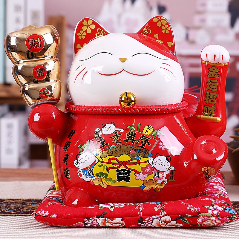 红色电动摇手猫店铺开业送礼红色喜庆招手发财猫陶瓷 三维工匠 10寸财源滚滚喜猫摇手款猫高清大图