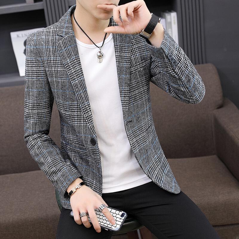 梵克公牛西服男休闲帅气单西 2021青年春秋新款男式常规小西服西装韩版修身格子商务工作男士西装外套
