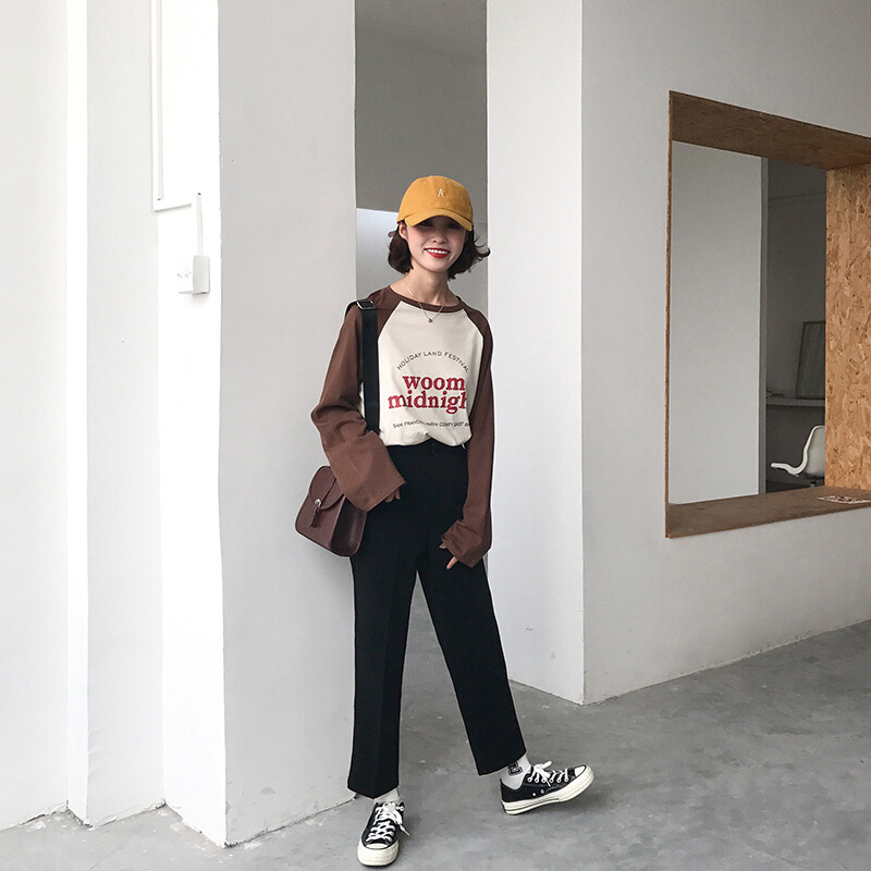 秋装新品韩国女装纯色西装裤基础高腰显瘦九分裤百搭休闲裤女裤子黑色