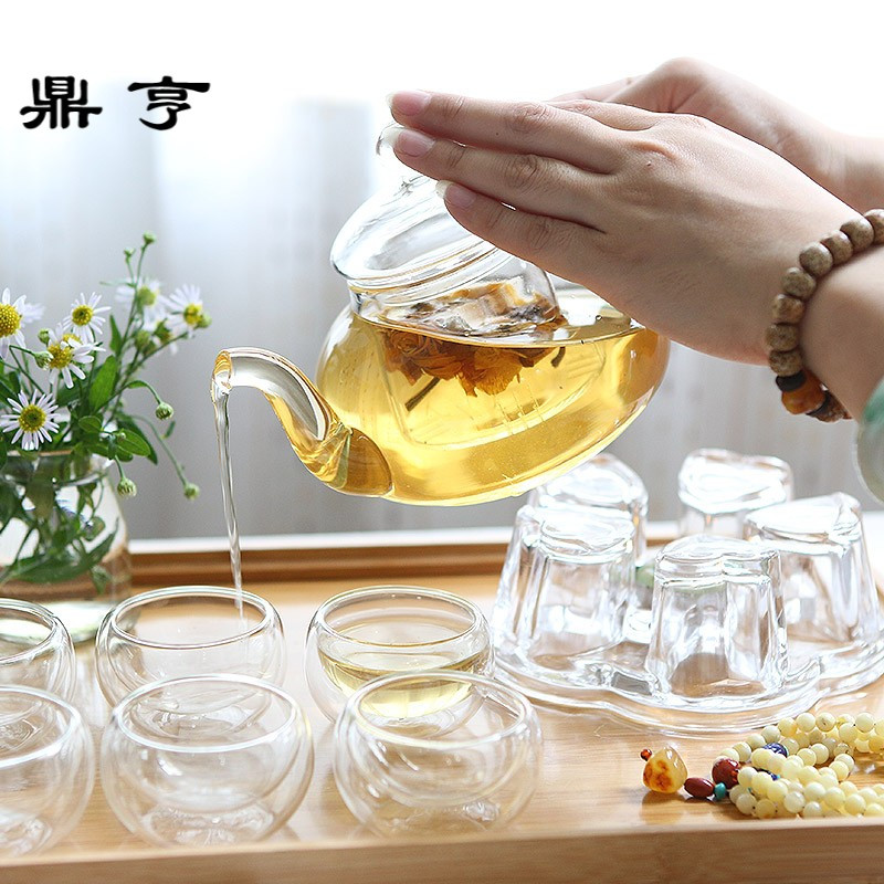 鼎亨耐热玻璃花茶具加厚花茶壶套装整套泡红茶功夫茶杯茶盘