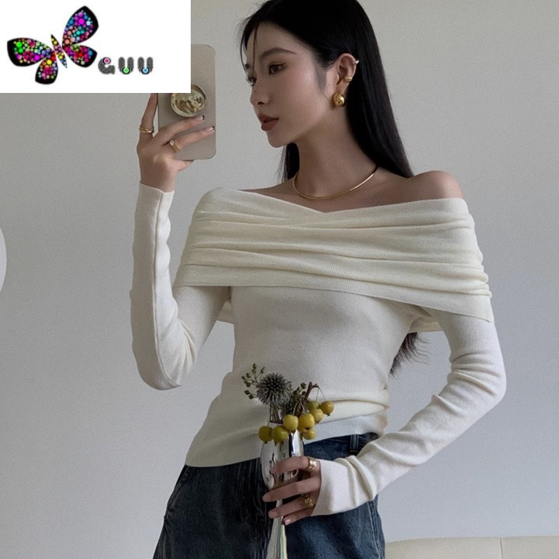 语娄露肩毛衣一字肩上衣打底衫女装2023早秋新款高级感秋季穿搭针织衫