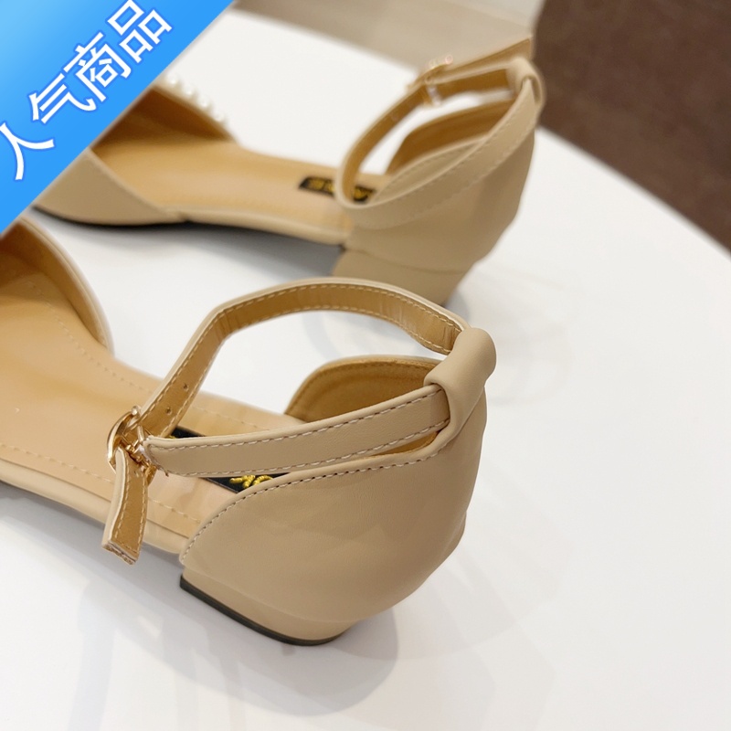 SUNTEK2023春夏季仙女鞋一字式扣带珍珠浅口包头低跟粗跟尖头新款式K式高清大图