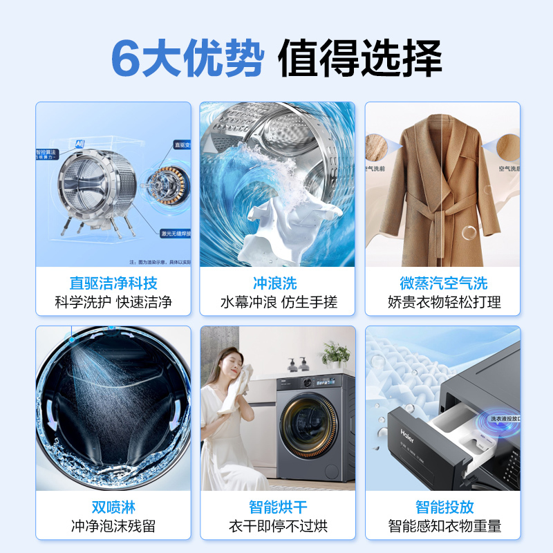 海尔(Haier) 初色系列 10公斤 直驱变频 智能投放 滚筒洗衣机 洗干一体机 XQG100-HBD526H