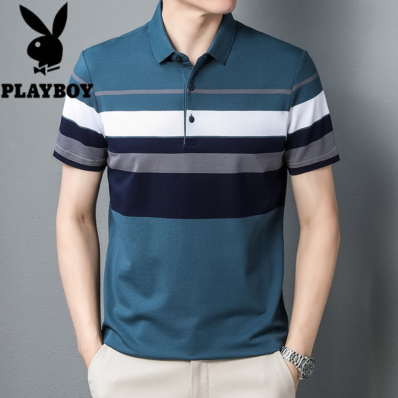 花花公子撞色条纹全棉短袖t恤男polo衫商务休闲中青年男装t恤2022年夏
