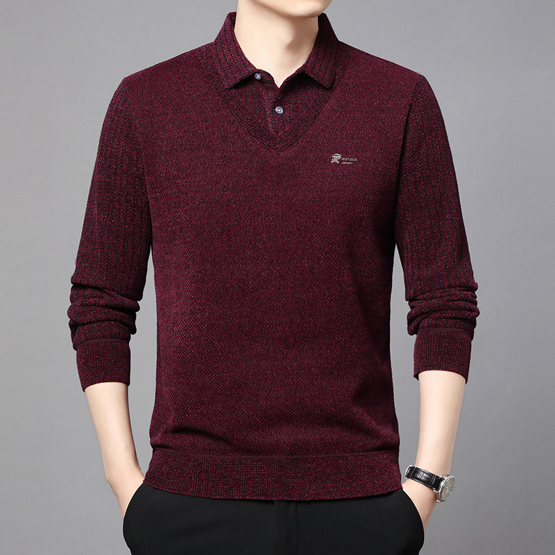 雪貂绒男士假两件毛衣2025冬季新款加绒加厚保暖翻领打底针织衫男 紫红 4XL/58