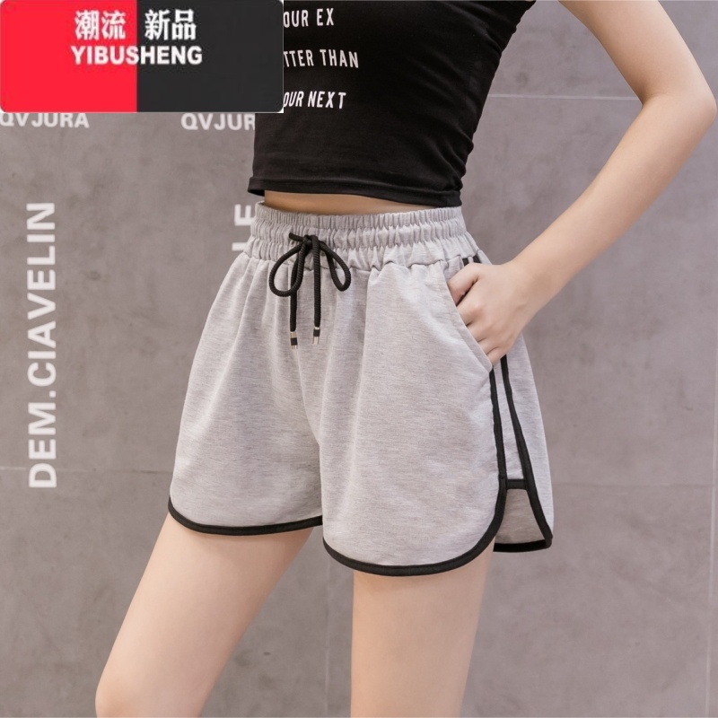 YIBUSHENG灰色短裤女季宽松美式复古高腰小个子a字阔腿运动休闲热裤高清大图