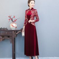 妈妈装婚礼丝绒旗袍连衣裙长款婚宴喜婆婆女旗袍礼服高贵长袖春秋季其他 臻依缘