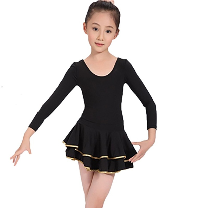 舞蹈服儿童春季长袖黑色金边连体裙女孩跳舞裙中国风拉丁舞练功服