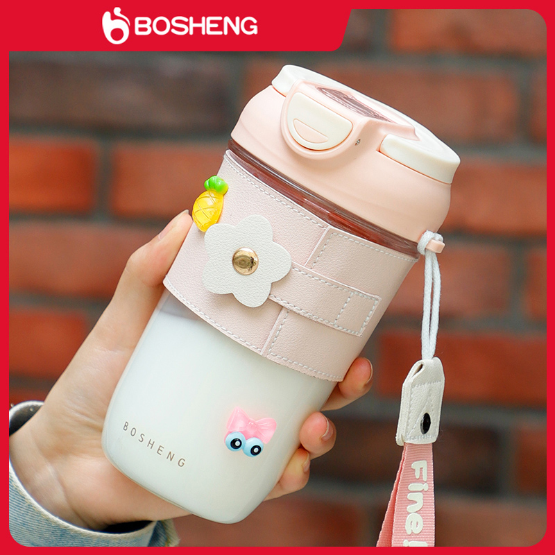 BOSHENG樱花系列塑料水杯杯盖双饮口设计水杯便携外出可爱水杯
