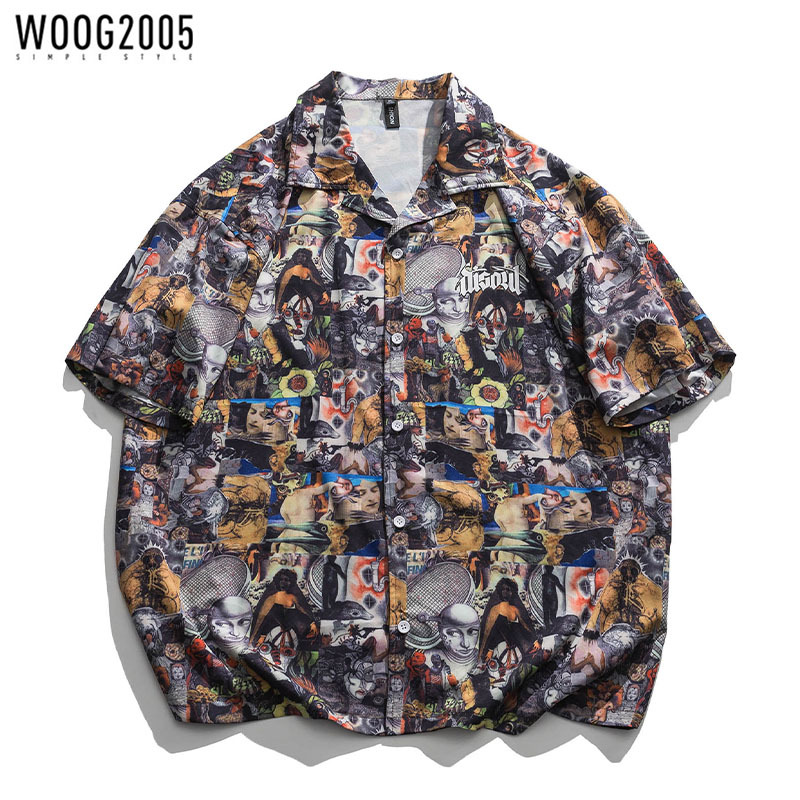 WOOG2005 轻奢潮流花衬衫男女夏季短袖衬衣薄款透气动漫体恤衫男