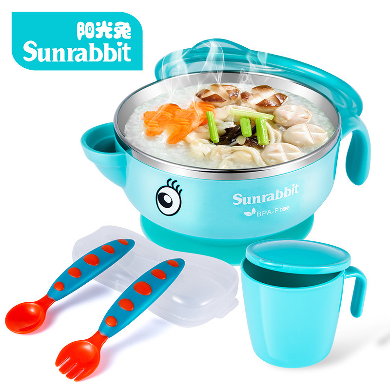 阳光兔(Sunrabbit)儿童餐具套装宝宝304不锈钢注水保温碗婴幼儿辅食碗吸盘碗叉勺蓝色套装