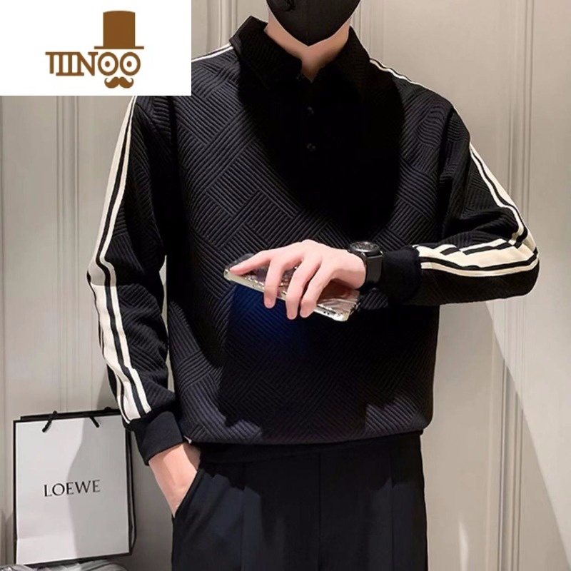 YANXU翻领卫衣男ins潮牌设计感男士长袖polo衫外套休闲撞色上衣高清大图