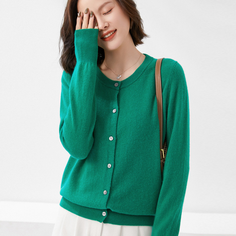 雪米贝奴100%羊毛开衫毛衣女圆领春秋韩版单排扣宽松针织外搭薄款外套