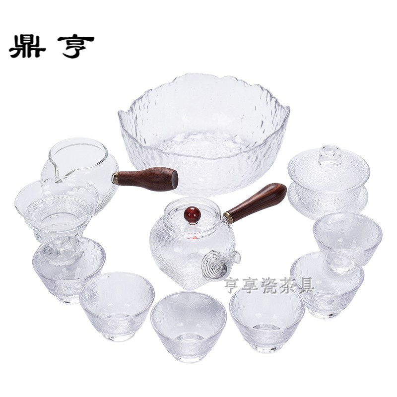 鼎亨日式耐热锤纹玻璃功夫茶具套装家用花茶侧把泡茶壶茶杯红茶冲