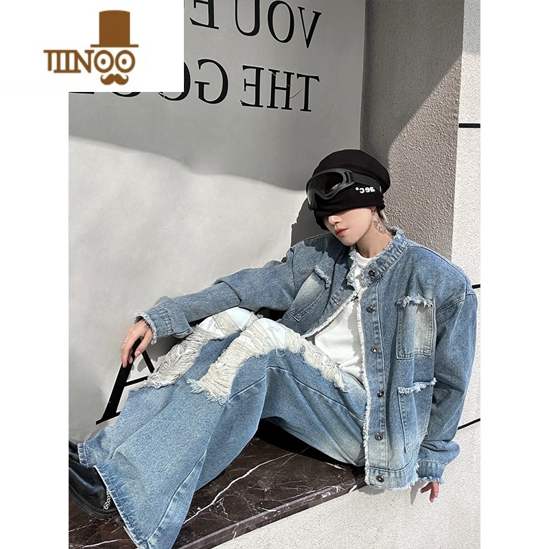 YANXU秋季毛边垫肩短款牛仔外套男款美式复古感痞帅设计感小众夹克高清大图