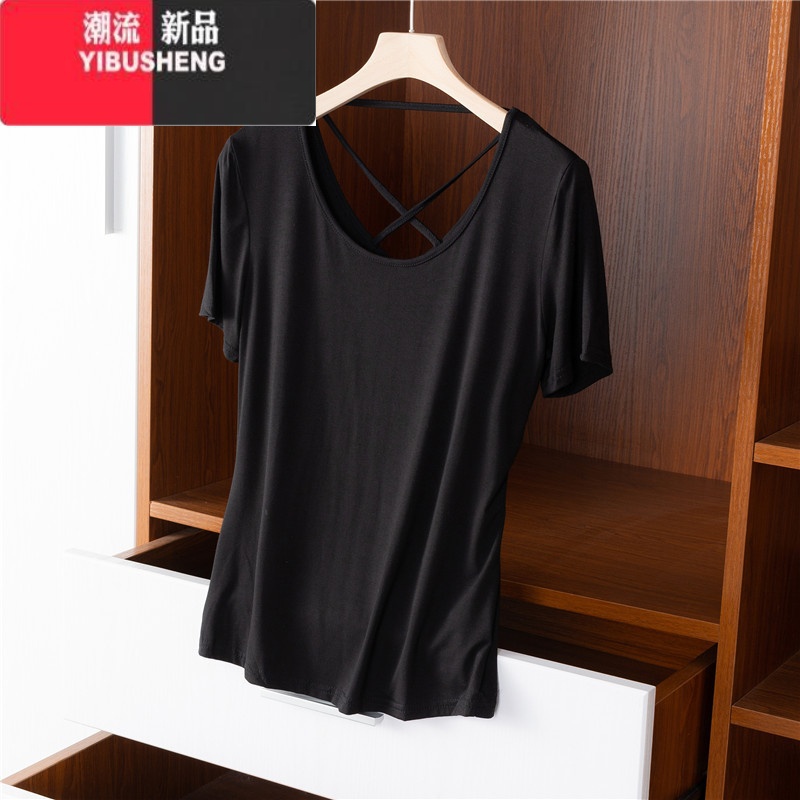 YIBUSHENGT恤女薄款打底衫后背镂空交叉美背上衣冰丝短袖显瘦体恤高清大图