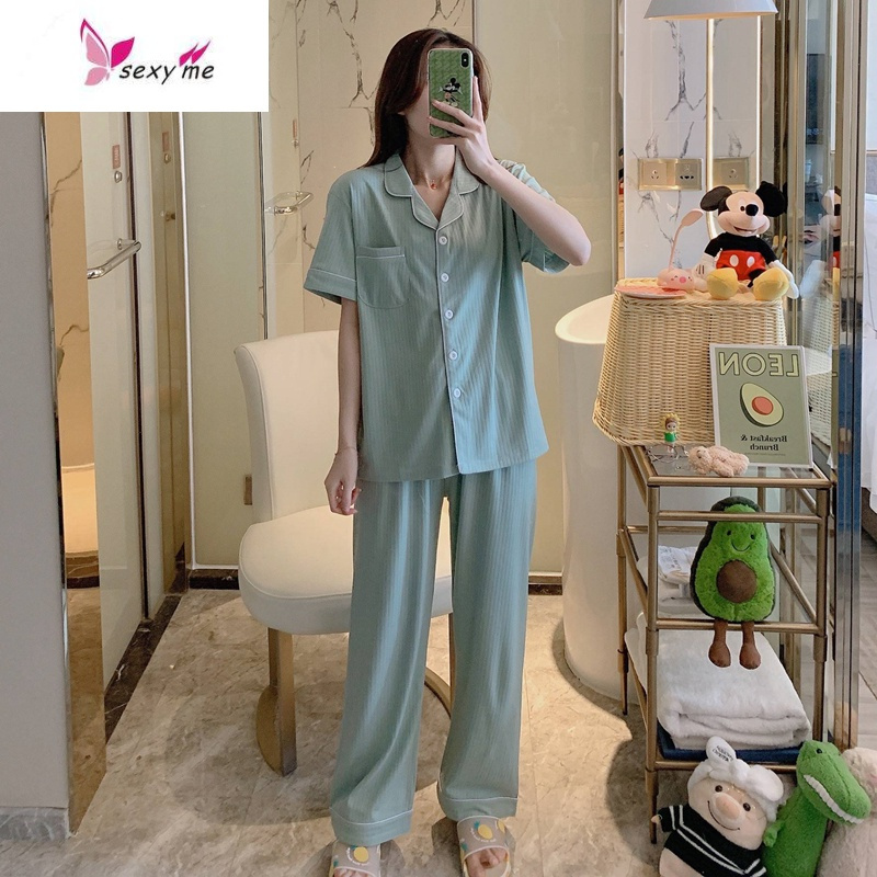 睡衣女夏棉短袖长裤洋气韩版简约休闲居家薄款家居服两件套 FISH BASKET