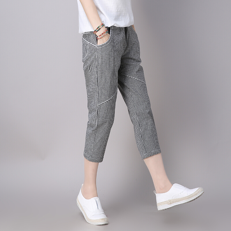 2018夏季新款大码宽松女裤黑白格子七分裤女夏薄款休闲哈伦裤子潮黑格
