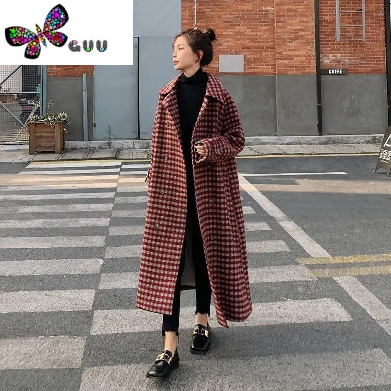语娄格子毛呢外套女中长款2023冬季新款韩版宽松收腰加厚流行呢子大衣