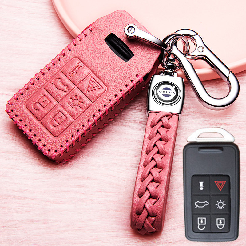 【补贴10%】沃尔沃XC60钥匙套2018款S60L/V40专用真皮钥匙套老款汽车钥匙包扣汽车钥匙包 沃尔沃C款粉色+绳扣（一键启动六个按键）