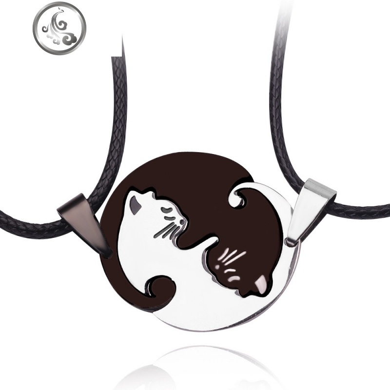 闺蜜拼接项链2人女二人款双人一对友谊姐妹信物学生可爱森系 黑白猫蜡绳项链一对