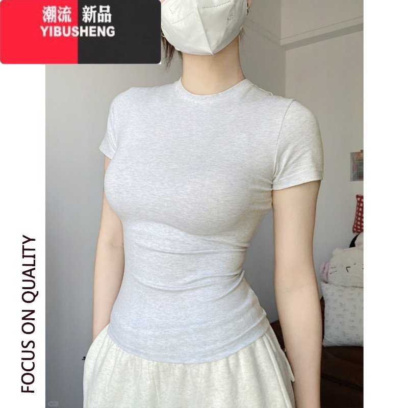 YIBUSHENG紧身短袖t恤女季2024新款圆领内搭茶艺风显身材纯欲正肩上衣高清大图
