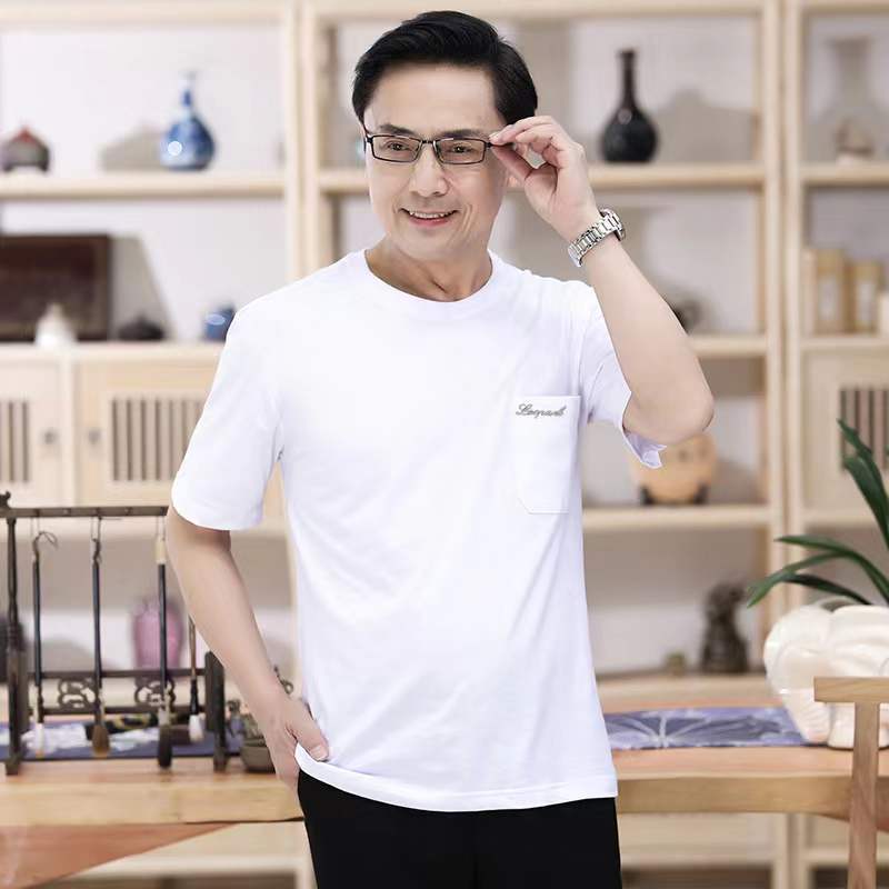 中年男士短袖棉质t恤爸爸夏装棉质汗衫中老年人男装夏天上衣宽松莎丞图片