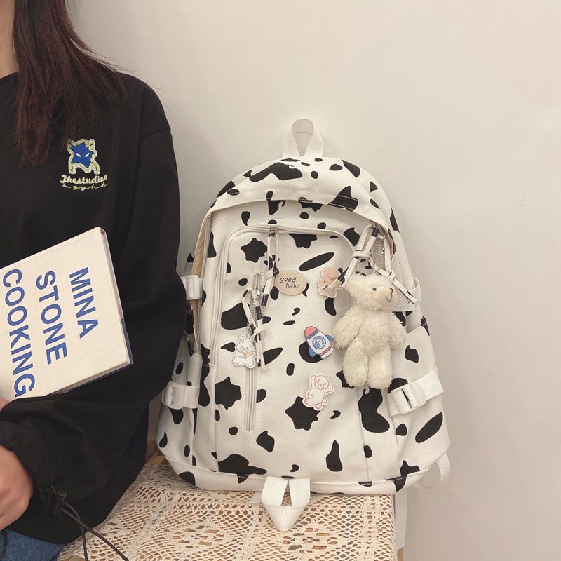 书包女韩版原宿奶牛斑马纹背包可爱少女大容量学生帆布校园双肩包 斑马纹普通版[普通面料无加固] 书包[单包不加挂件]