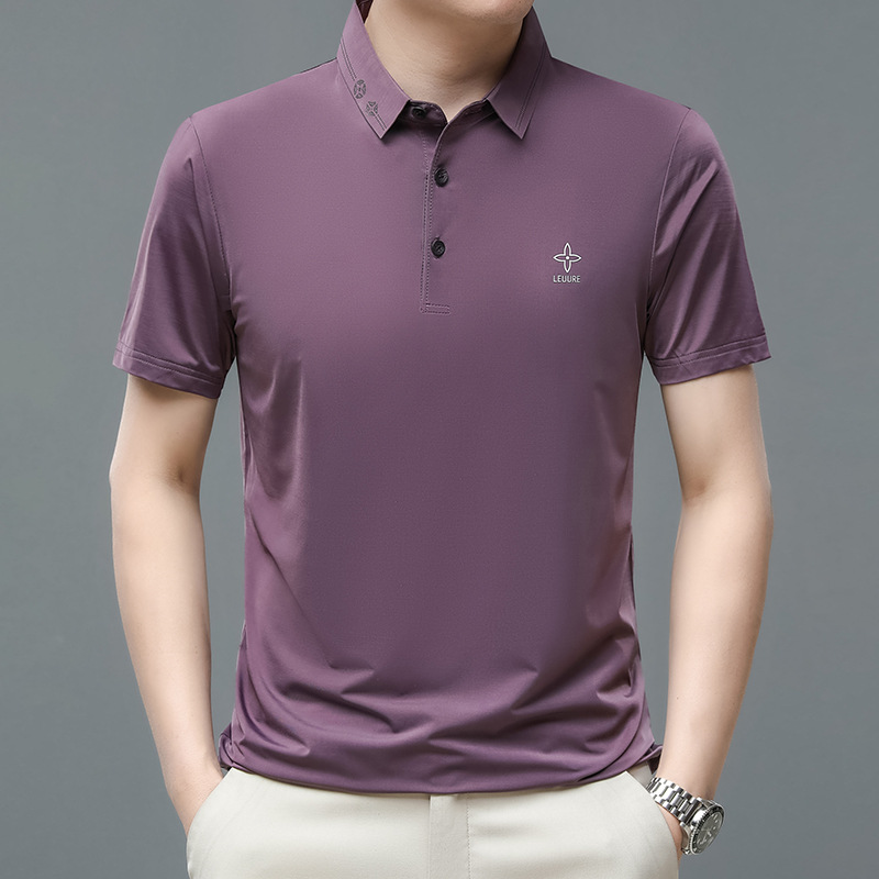 男士冰丝polo衫薄款短袖翻领t恤男中年休闲凉感速干男装体恤 紫粉 L