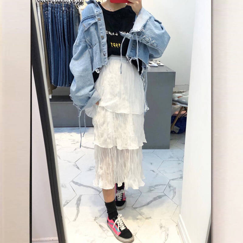 2018夏季韩国chic少女系层层荷叶边裙褶皱雪纺高腰半身裙长裙 白色 均码