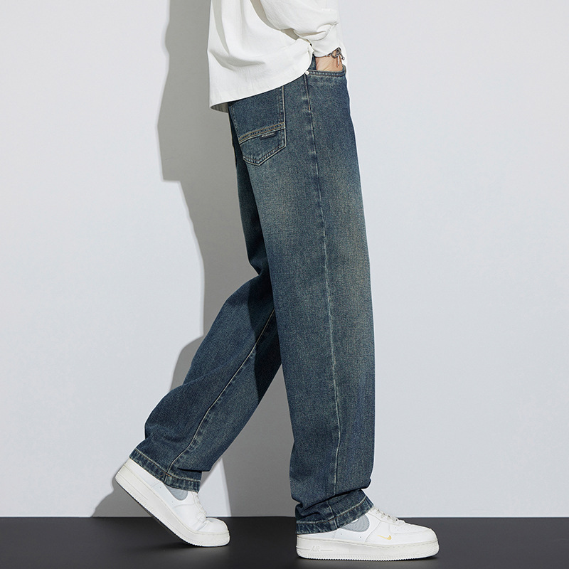 美式高街痞帅牛仔裤男秋冬季潮牌怀旧复古宽松休闲水洗阔腿裤高清大图