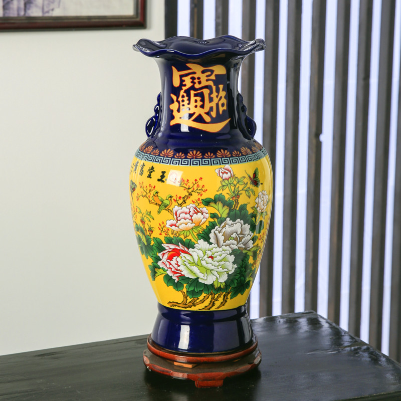 器花瓶手工家居饰品瓷瓶大号客厅工艺品中式仿古摆件 三维工匠 明黄色