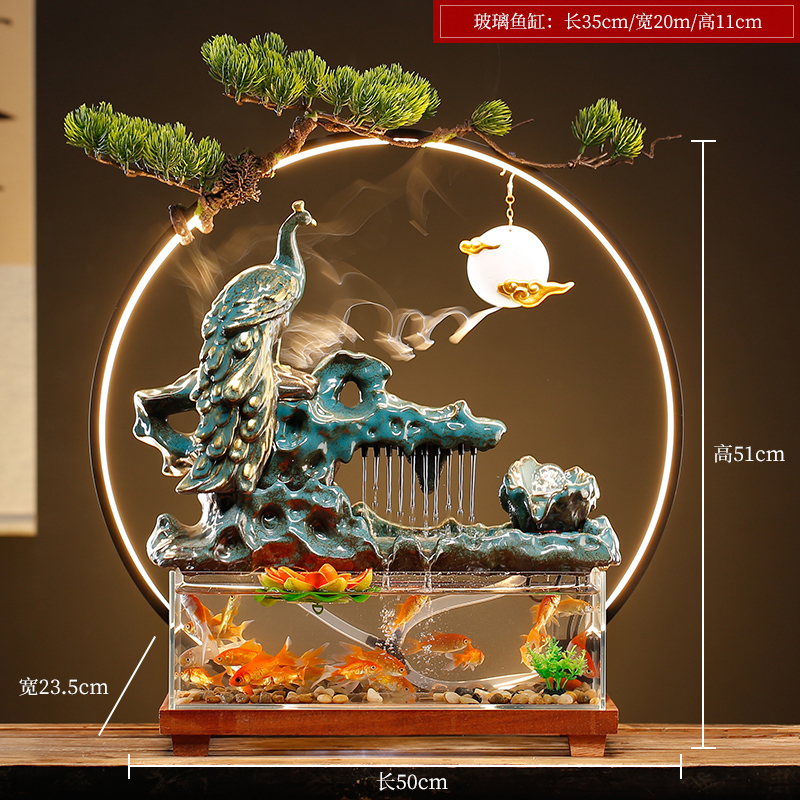 创意招财循环流水生财玻璃金鱼缸摆件办公室桌面客厅乔迁开业礼品