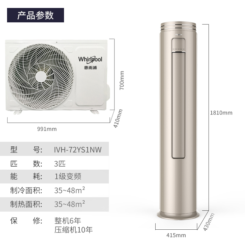惠而浦(Whirlpool) 3匹 变频 新1级 柔风高温自清洁智能WIFI 3P冷暖 柜机空调IVH-72YS1NW