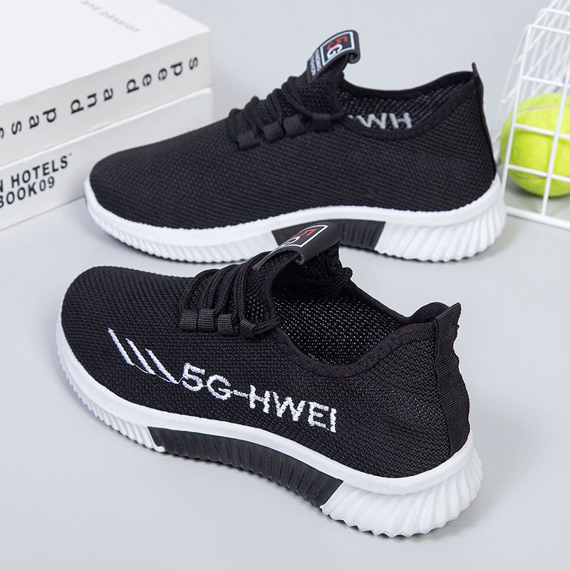 新款飞织网面女鞋休闲跑步运动小白鞋韩版潮流透气网鞋 HW5G【黑色】 39