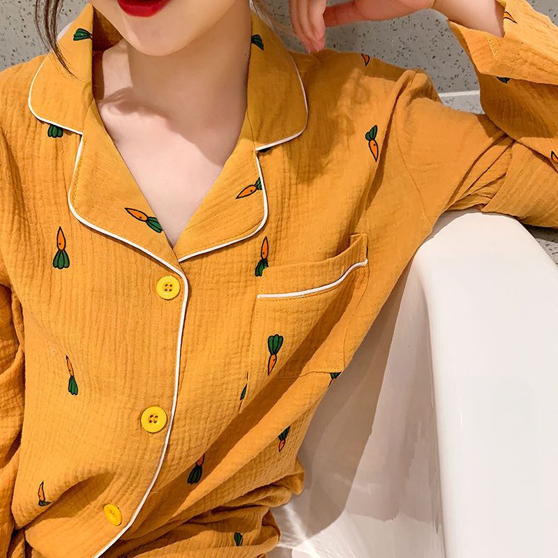 波迷娜(BOMINA)胡萝卜睡衣女纯棉长袖印花开衫秋季日系可爱纱布两件套学生家居服