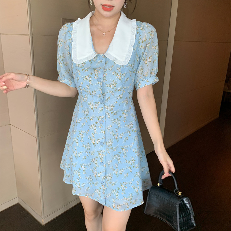 [2.5折价83元]唐狮裙子女夏碎花连衣裙法式翻领甜美泡泡袖小清新短裙潮法式