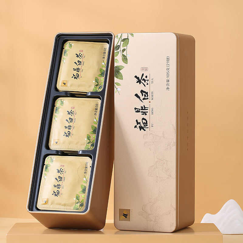 八马茶业 茶叶 紧压白茶福鼎贡眉 自然日晒花香铁盒装105g 独立21包高清大图