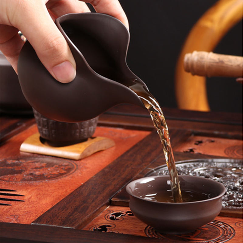 尚帝 古典镂空雕刻黑檀木茶盘实木茶台整套茶具陶瓷功夫茶具茶壶茶杯 龙凤紫砂侧把13入智能旋转电热炉套装