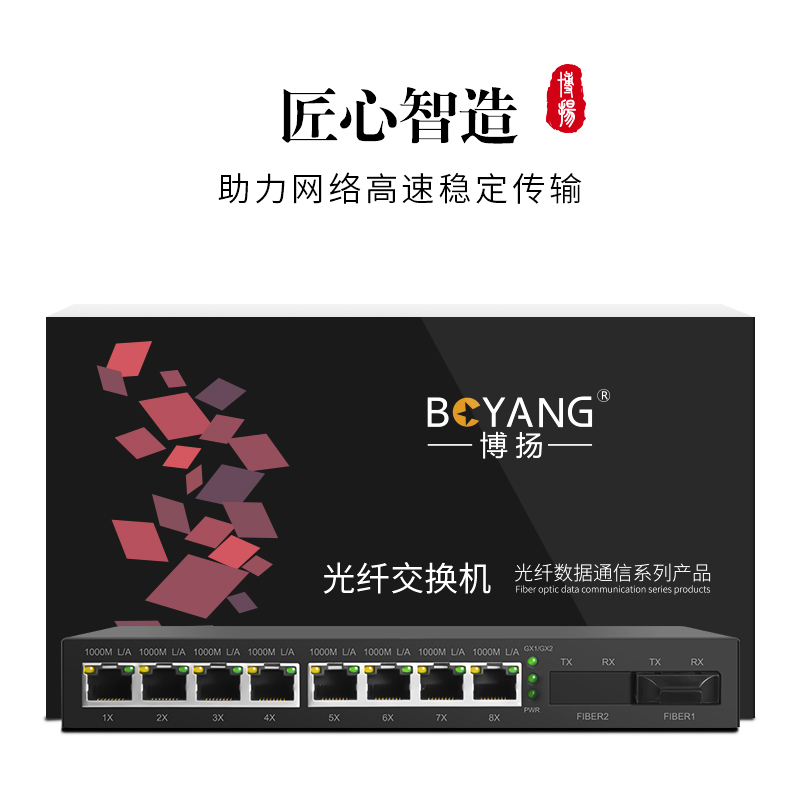 博扬 千兆1光8电单模单纤光纤收发器 隔离光电转换器 SC接口1对 BY-VG1081A/B-20KM
