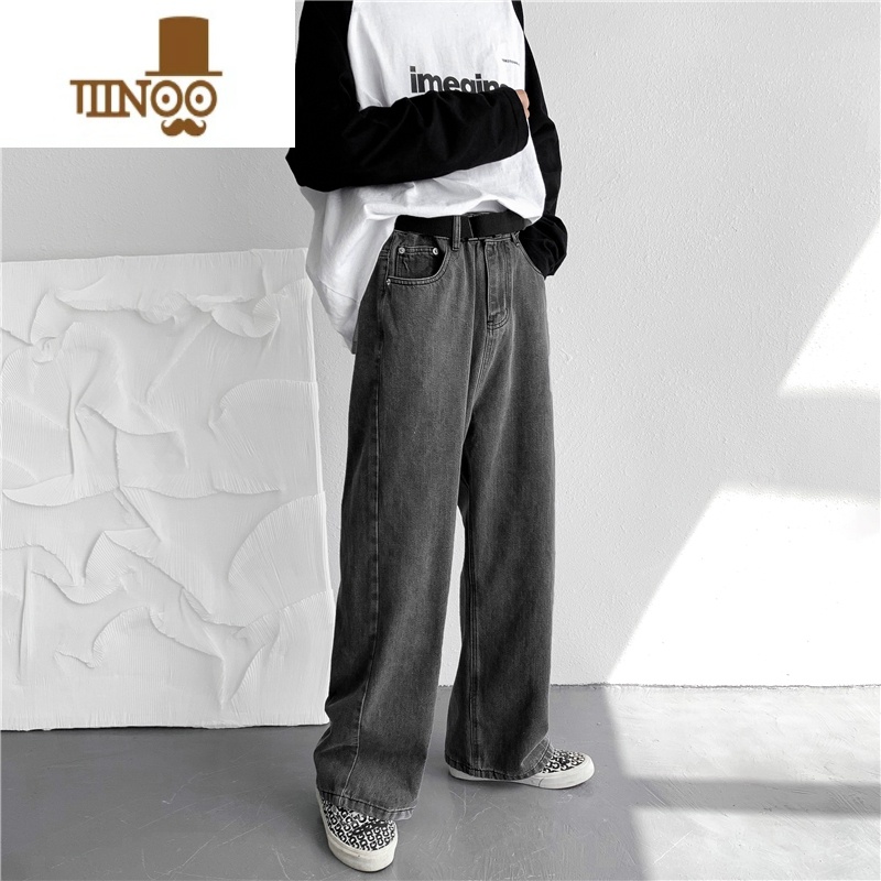 YANXU烟灰色牛仔裤男士直筒宽松坠感阔腿裤ins潮牌美式高街拖裤腿男式高清大图