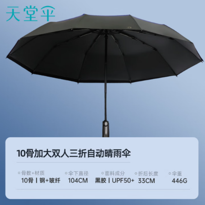 天堂全自动晴雨伞三折30975E黑胶10K加固一键开收易甩干简约伞下104CM纽曼绿
