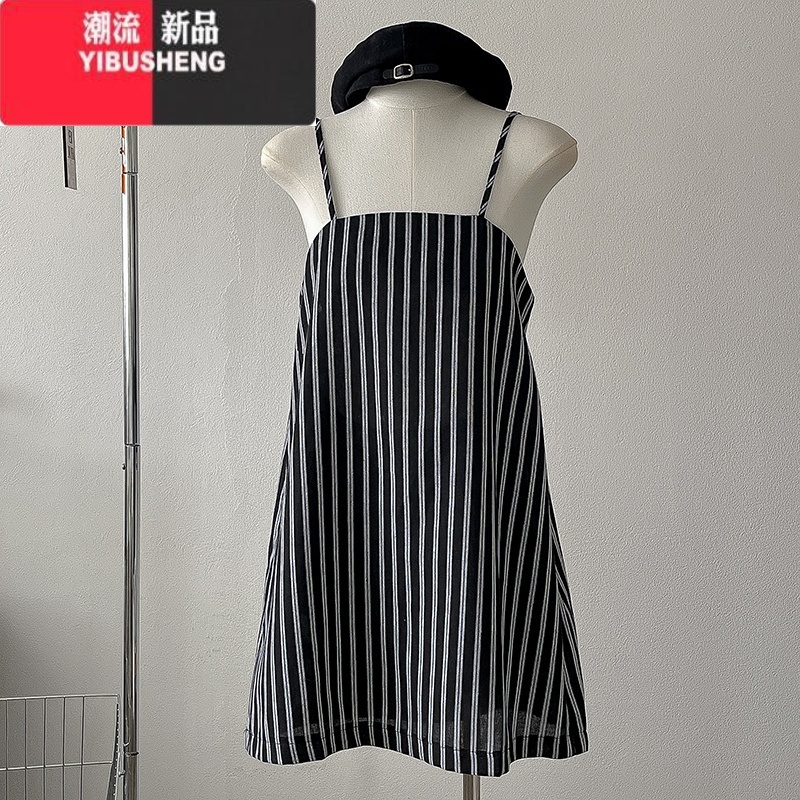 YIBUSHENG休闲甜美简约吊带条纹连衣裙2024季新款韩版女装宽松短款A字裙