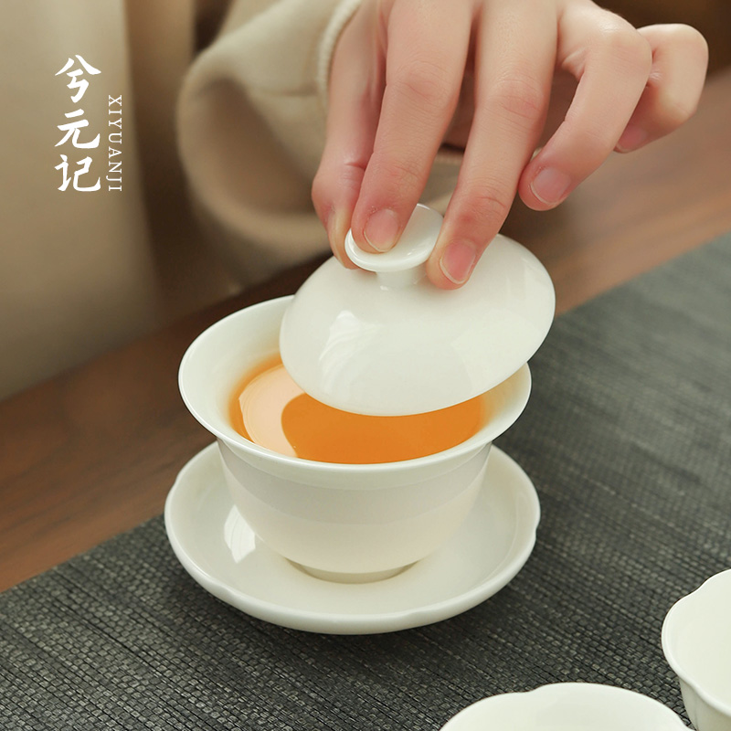 [补贴10%]羊脂玉盖碗茶杯德化白瓷茶碗带盖单个三才大号功夫家用茶具套装高清大图