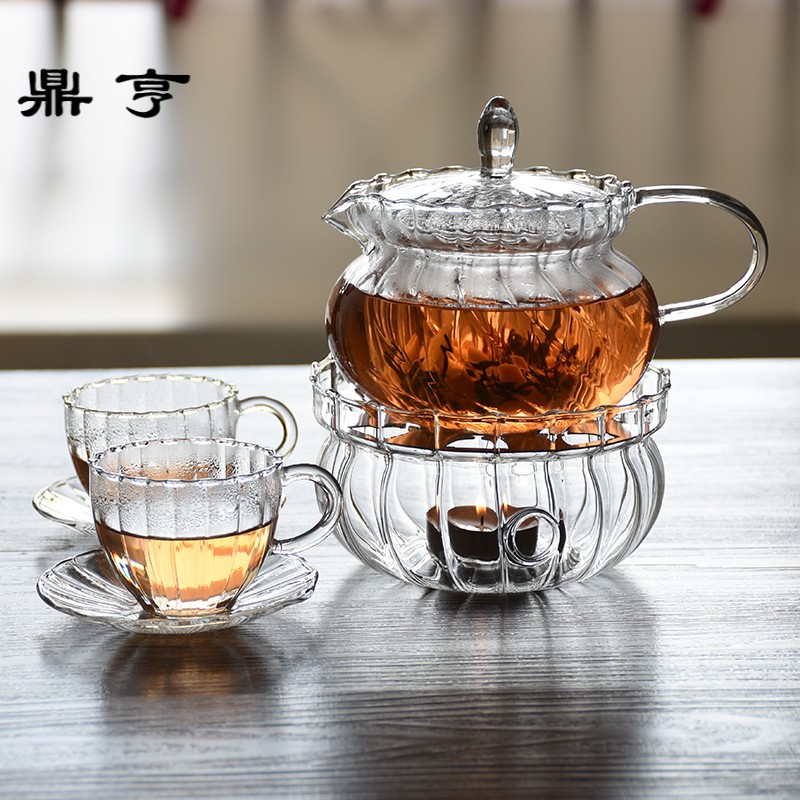 鼎亨欧式复古条纹玻璃壶 煮泡水果茶壶 加热炉 耐高温茶具套装 带